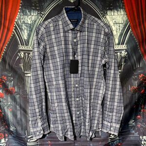 Bugatchi Button-Up Shirt Men's S Blue Checked Pattern Casual Outdoor Streetwear